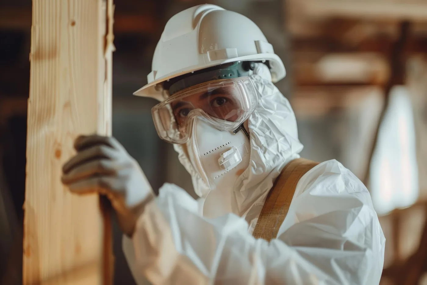 RenoSure team member in full PPE &ndash; respirator, goggles and hazmat suit &ndash; during an asbestos-risk assessment in an older NZ home