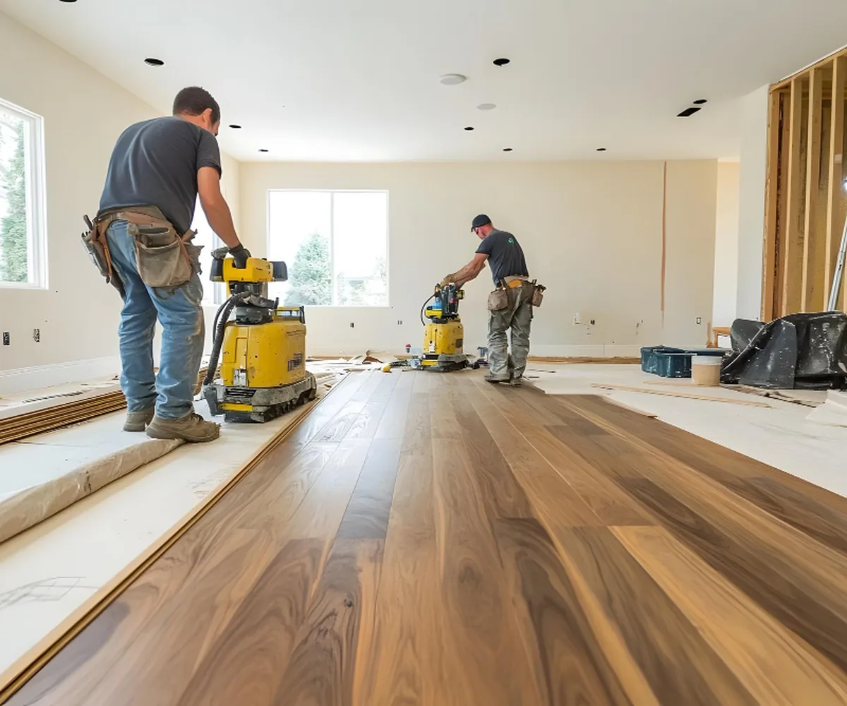 RenoSure team installing timber flooring in an Auckland home